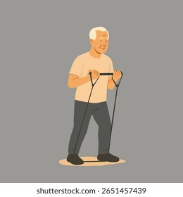 Senior Man Exercising with Resistance Band – Active Aging and Home Workout Vector Illustration