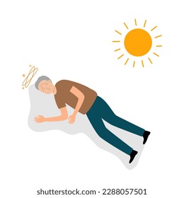 Senior man fainting under strong sunlight in flat design on white background. Dizziness symptom.