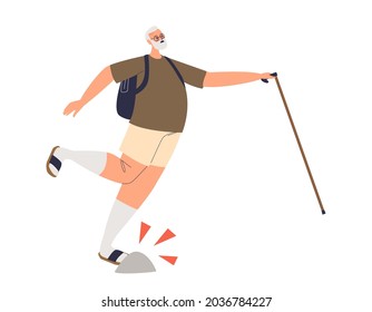 Senior man fall while walking with stick hurt foot. Old male cartoon character got injured suffer from pain or broken leg. Injury risk for aged people concept. Flat vector illustration