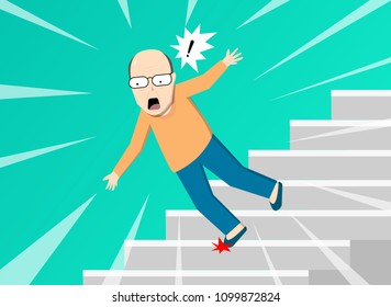 Senior man falling from staircase, vector art