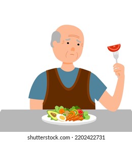 Senior man feel not hungry concept vector illustration on white background. Old man unable to eat. No appetite.