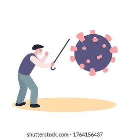 Senior man fighting coronavirus vector illustration. Flat character - old silver hair man with stick beating giant Covid virus. Health care, pandemic, long living concepts.