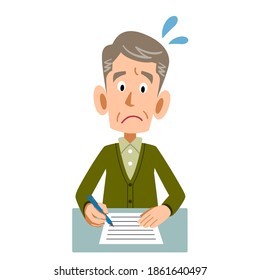 Senior man filling out documents with an embarrassed look