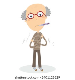 Senior man with flu. Having a cold with thermometer in his mouth. Vector Illustration.