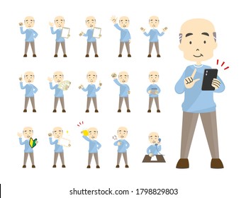 Senior man full body illustration set