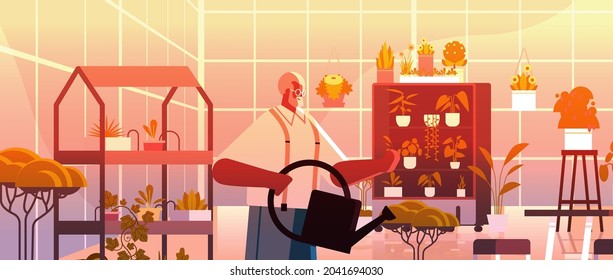 senior man gardener with watering can taking care of potted plants at home garden living room or office interior