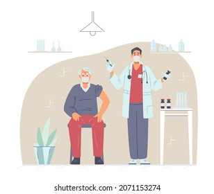 Senior man getting vaccination shot against coronavirus flat vector illustration. Medical cabinet with doctor and patient.