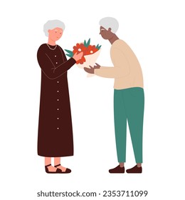 Senior man gives flower to his wife. Old couple love, romantic moment vector illustration
