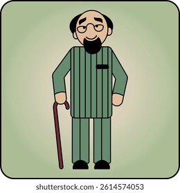 Senior man with glasses and beard, dressed in pajamas and holding a cane. Friendly vector illustration in flat design – perfect for healthcare, senior living, and accessibility visuals.
