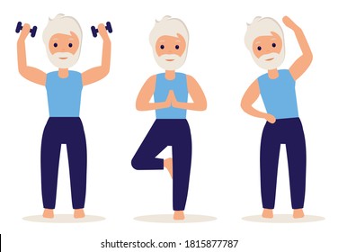 Senior man goes in for sports. Set of vector illustrations in flat style. An elderly man lifts a pair of dumbbells and practices yoga. The old man leads an active lifestyle.