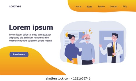 Senior man going to doctor because of migraine. Physician consulting patient in pain flat vector illustration. Depression and headache concept for banner, website design or landing web page