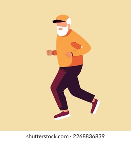 Abuelo anciano con barba de pelo gris en uniforme deportivo jogging. Prevención de enfermedades calidad de vida participación social concepto de estilo de vida sano