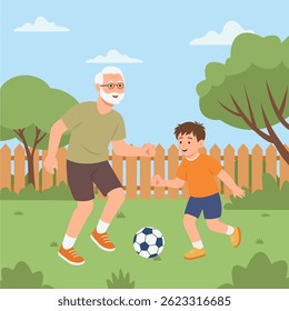Senior man  with grandson playing soccer in the backyard. Family time. Flat vector illustration