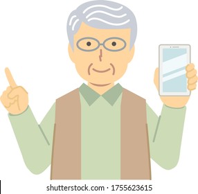 Senior man in green clothes / pointing