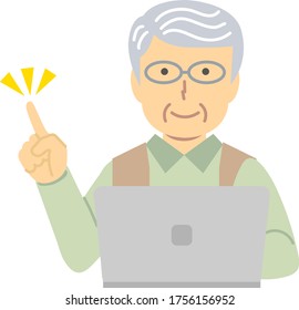 Senior man in green clothes / pointing