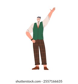 Senior man greeting with waving hand, hi gesture. Happy elderly male character standing in welcoming pose with arm raised up, friendly expression. Flat vector illustration isolated on white background