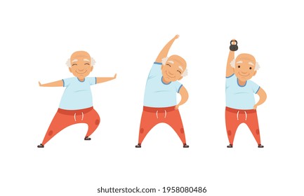 Senior Man with Grey Hair Doing Physical Exercises Stretching Vector Set