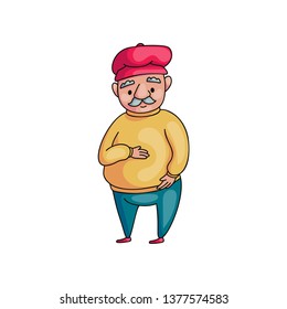 Senior man with grey mustachr in yellow sweater with red cap