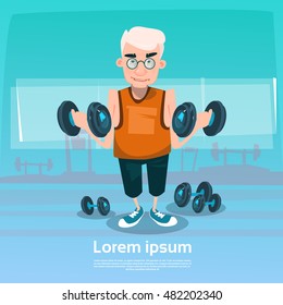 Senior Man In Gym Lifting Weight Exercise Workout Flat Vector Illustration