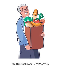 Senior man hand drawn character carrying grocery shopping bag filled with fresh food isolated on white background. Active aging, daily routine, healthy lifestyle for elderly people vector illustration