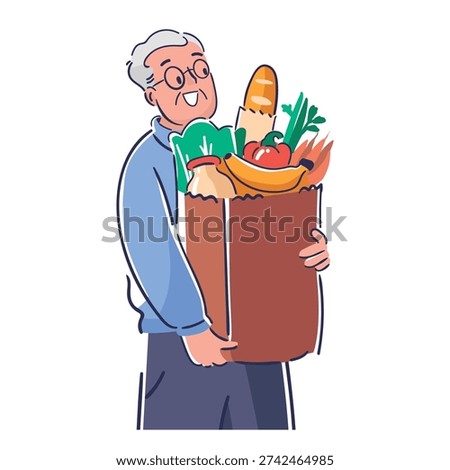 Senior man hand drawn character carrying grocery shopping bag filled with fresh food isolated on white background. Active aging, daily routine, healthy lifestyle for elderly people vector illustration