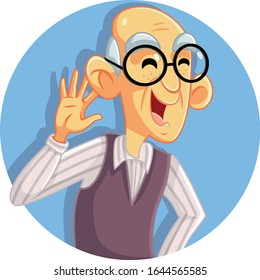 Senior Man with Hand on Ear Hearing Perfectly. Cartoon illustration of a senior adult listening to noise
