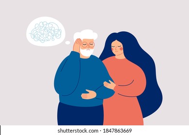 Senior man has dementia or amnesia. Nurse or social worker supports mature male with a mental disorder. Memory loss concept. Vector illustration