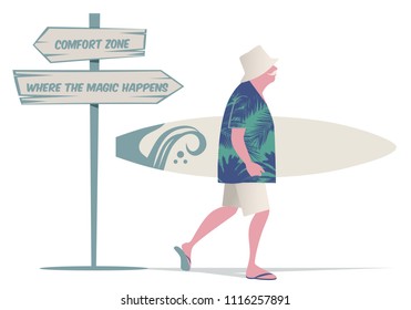 Senior man with hat, tropical shirt and bermuda shorts, walking with a surfboard. Wooden sign post with motivational message. Isolated on white background.