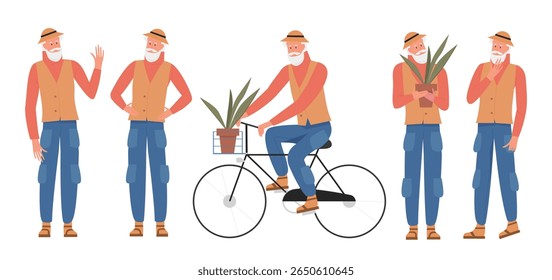 Homem idoso de chapéu e colete mostrado acenando, pensando, andando de bicicleta e segurando planta, perfeito para estilo de vida, aposentadoria, ou conceitos de jardinagem isolado no vetor de fundo branco ilustração