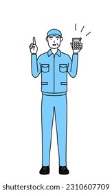 Senior man in hat and work clothes holding a calculator and pointing, Vector Illustration