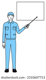 Senior man in hat and work clothes pointing at a whiteboard with an indicator stick, Vector Illustration