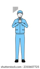 Senior man in hat and work clothes apologizing with his hands in front of his body, Vector Illustration