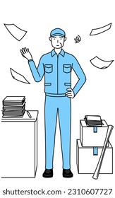Senior man in hat and work clothes who is fed up with his unorganized business, Vector Illustration
