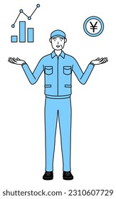 Senior man in hat and work clothes guiding an image of DX, performance and sales improvement, Vector Illustration