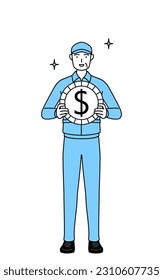 Senior man in hat and work clothes with images of foreign exchange gains and dollar appreciation, Vector Illustration