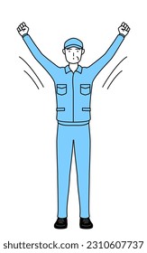 Senior man in hat and work clothes doing radio calisthenics, preparation for accident prevention, Vector Illustration
