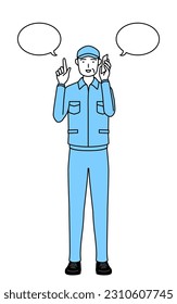 Senior man in hat and work clothes pointing while on the phone, Vector Illustration