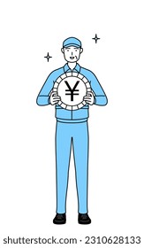 Senior man in hat and work clothes an image of foreign exchange gains and yen appreciation, Vector Illustration