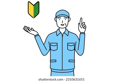 Senior man in hat and work clothes showing the symbol for young leaves, Vector Illustration