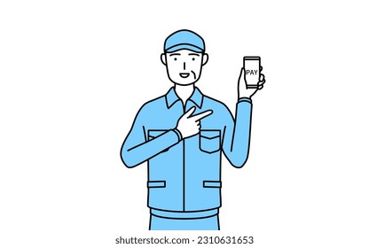 Senior man in hat and work clothes recommending cashless online payments on a smartphone, Vector Illustration