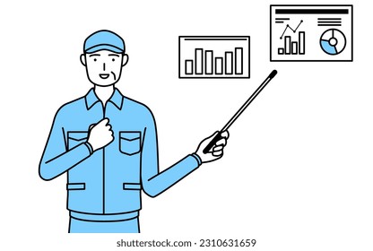 Senior man in hat and work clothes analyzing a performance graph, Vector Illustration