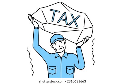 Senior man in hat and work clothes suffering from tax increases, Vector Illustration