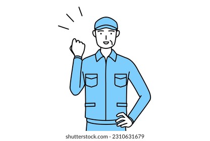 Senior man in hat and work clothes posing with guts, Vector Illustration