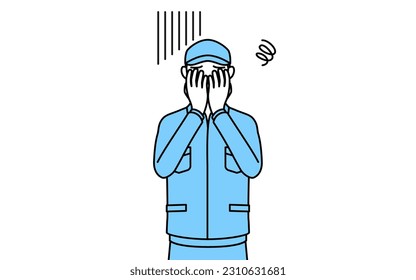 Senior man in hat and work clothes covering his face in depression, Vector Illustration