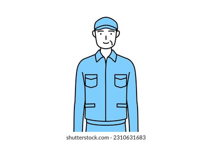 Senior man in hat and work clothes with a smile facing forward, Vector Illustration