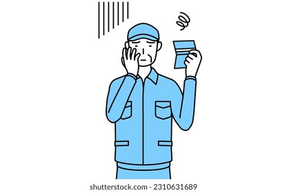 Senior man in hat and work clothes looking at his bankbook and feeling depressed, Vector Illustration