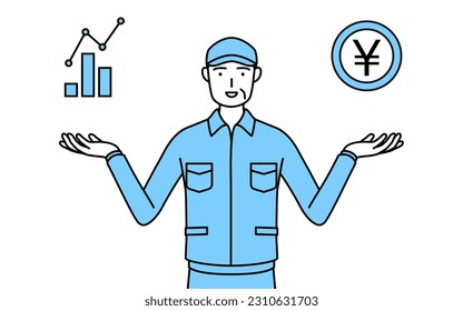 Senior man in hat and work clothes guiding an image of DX, performance and sales improvement, Vector Illustration