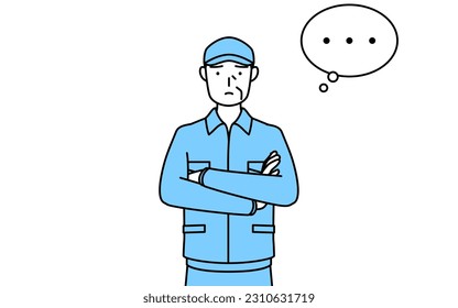 Senior man in hat and work clothes with crossed arms, deep in thought, Vector Illustration