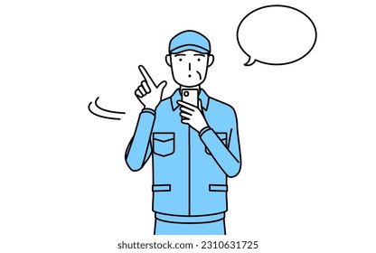 Hombre mayor con sombrero y ropa de trabajo que usa un smartphone, Vector Illustration