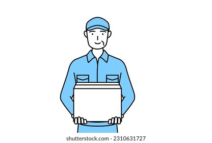 Senior man in hat and work clothes working to carry cardboard boxes, Vector Illustration